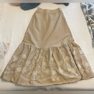 Moon River Beige Maxi Skirt with White Eyelet Embroidery